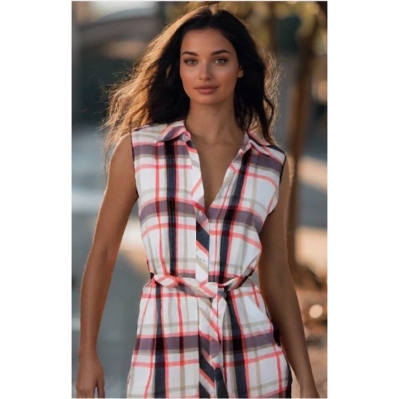 Tommy Hilfiger Dresses & Skirts - Tommy Hilfiger Plaid Shirt Dress Size Medium Plaid Cotton Linen Sleeveless Belt